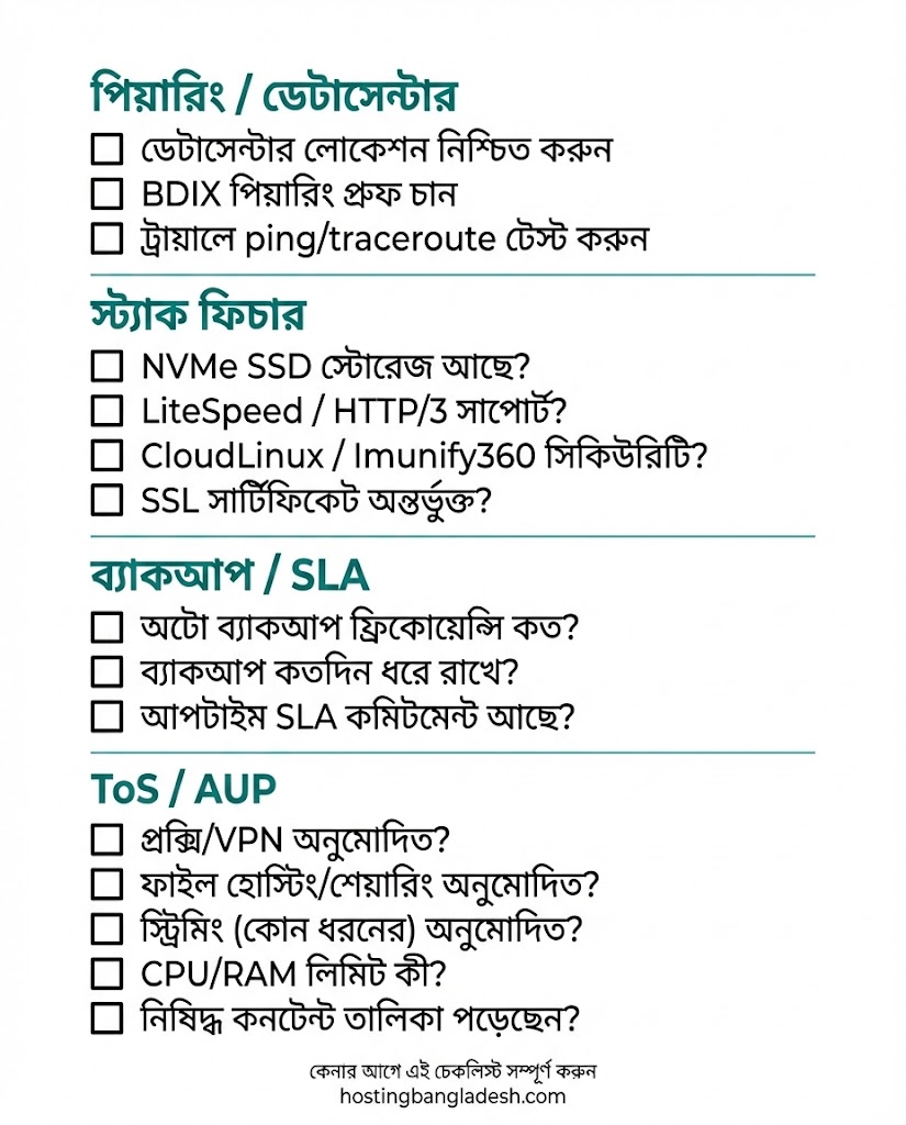  BDIX হোস্টিং কেনার আগে চেকলিস্ট — পিয়ারিং প্রুফ, স্ট্যাক, ব্যাকআপ, ToS/AUP
