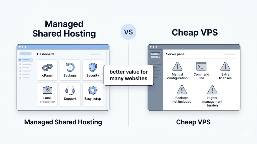 Managed shared hosting vs cheap VPS comparison showing bundled tools and lower management burden